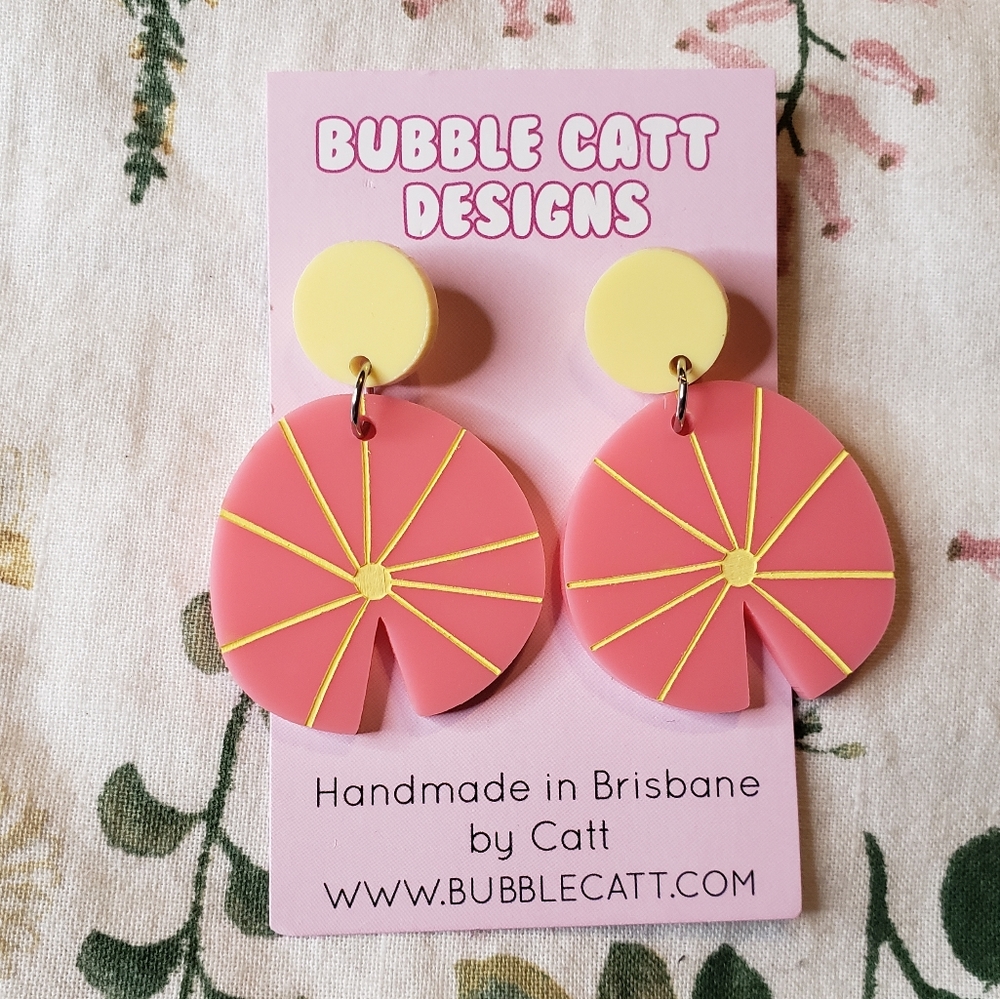 NWT Pink & Yellow Lilypad Earrings - Bubble Catt Designs, Acrylic, Handmade